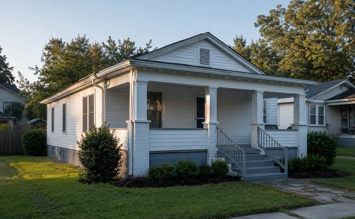 A cottage with a covered front porch