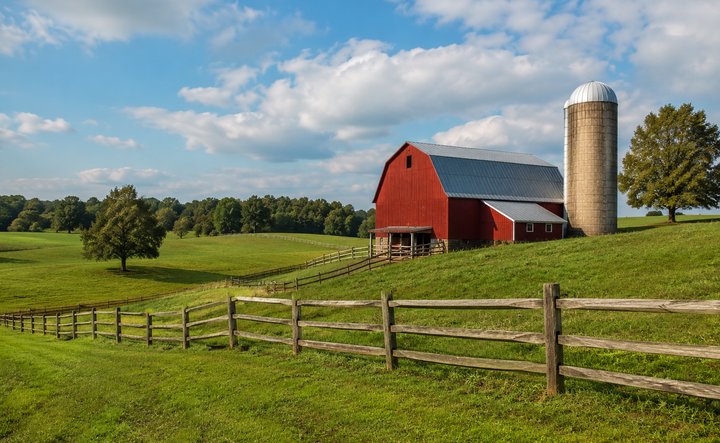 A red barn and silo on a Carolina farm